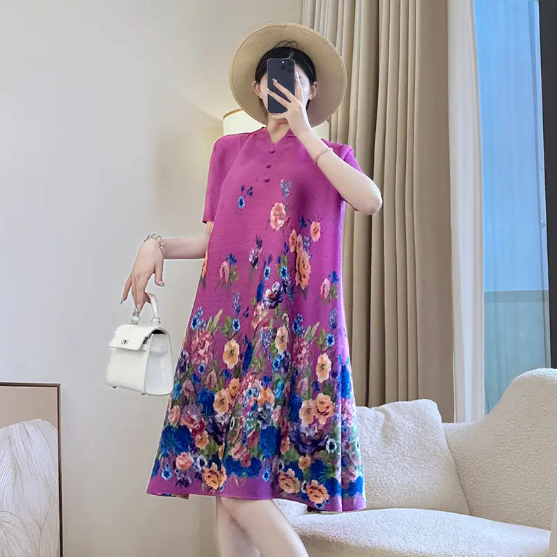 LANMREM V Collar Printting Pleated Dress For Women Summer 2025 New Elegant Elastic Loose Short Sleeve Mid-Length Dresses 2DB3690