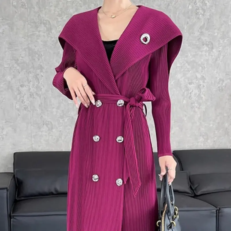 LANMREM Chic New Casual Double Breasted Pleated Lightweight Women's Trench Coat Fashion Lace-Up Waist Slimming Long Coat 2DB4107