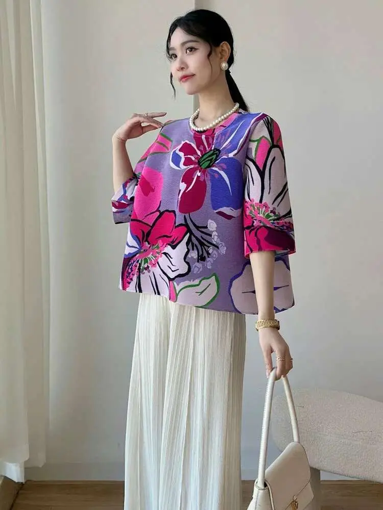 LANMREM Flower Print Pleated Blouse For Women Round Neck Half Sleeve Loose Short Top Female Chic Clothes 2025 New 2DB2275