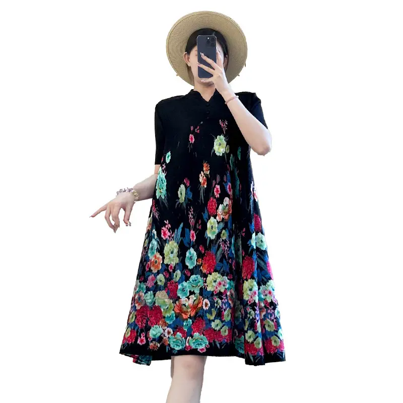 LANMREM V Collar Printting Pleated Dress For Women Summer 2025 New Elegant Elastic Loose Short Sleeve Mid-Length Dresses 2DB3690