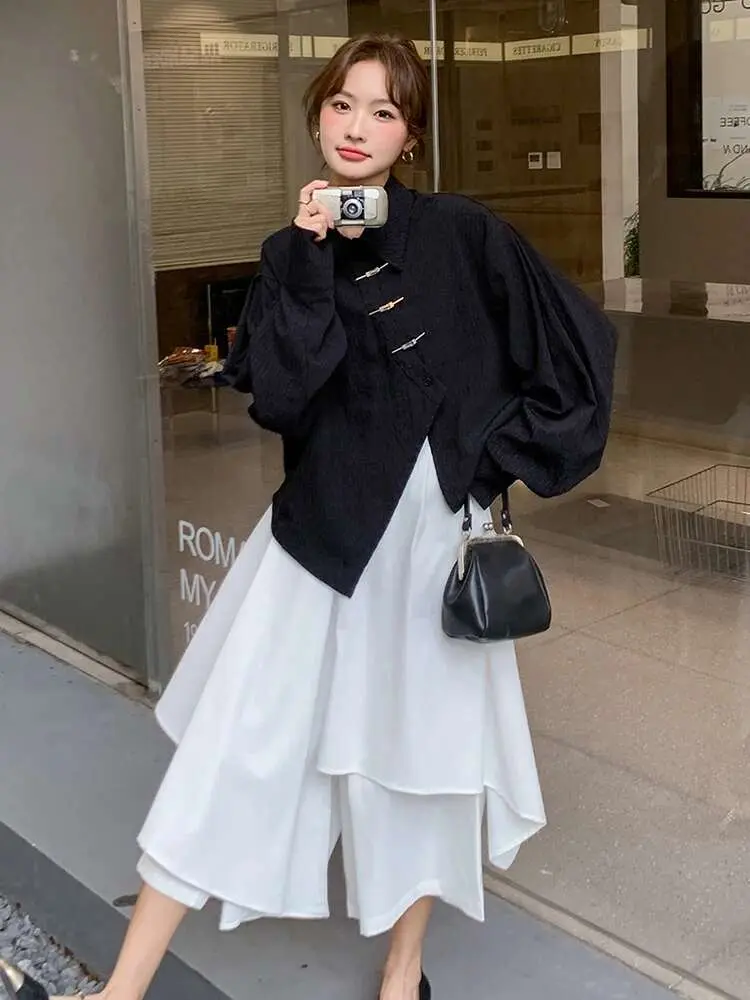 LANMREM Elegant Irregular Shirt Half-body Skirt Two Piece Set New Lapel Long Sleeve Metal Buckle Fashion Sets 2025 Spring 2DE134