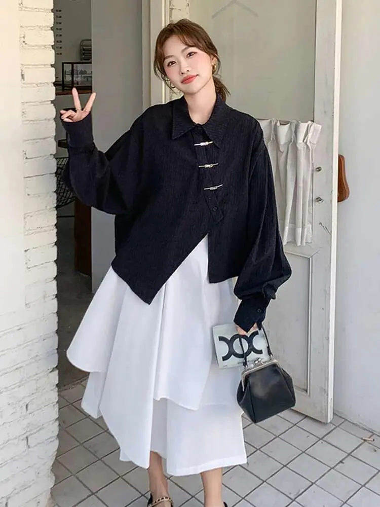 LANMREM Elegant Irregular Shirt Half-body Skirt Two Piece Set New Lapel Long Sleeve Metal Buckle Fashion Sets 2025 Spring 2DE134