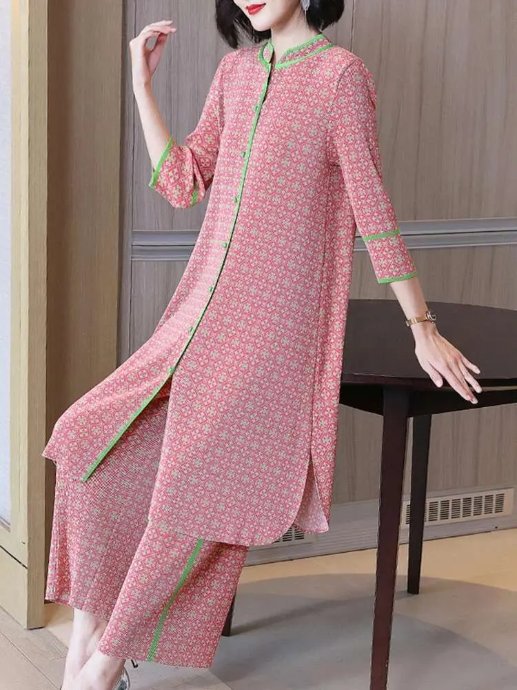 LANMREM Women's Printed Pleated Sets Stand Collar Single Breasted Long Tops Loose Trousers Two-piece Set Fashion 2025 New 2DE599