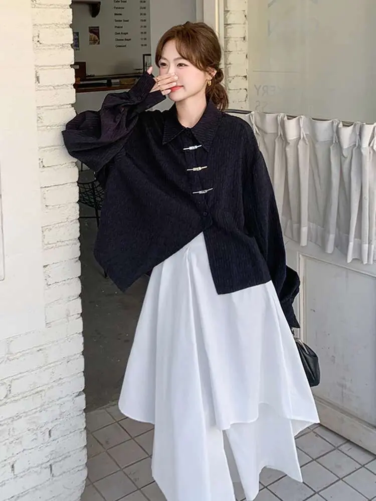 LANMREM Elegant Irregular Shirt Half-body Skirt Two Piece Set New Lapel Long Sleeve Metal Buckle Fashion Sets 2025 Spring 2DE134