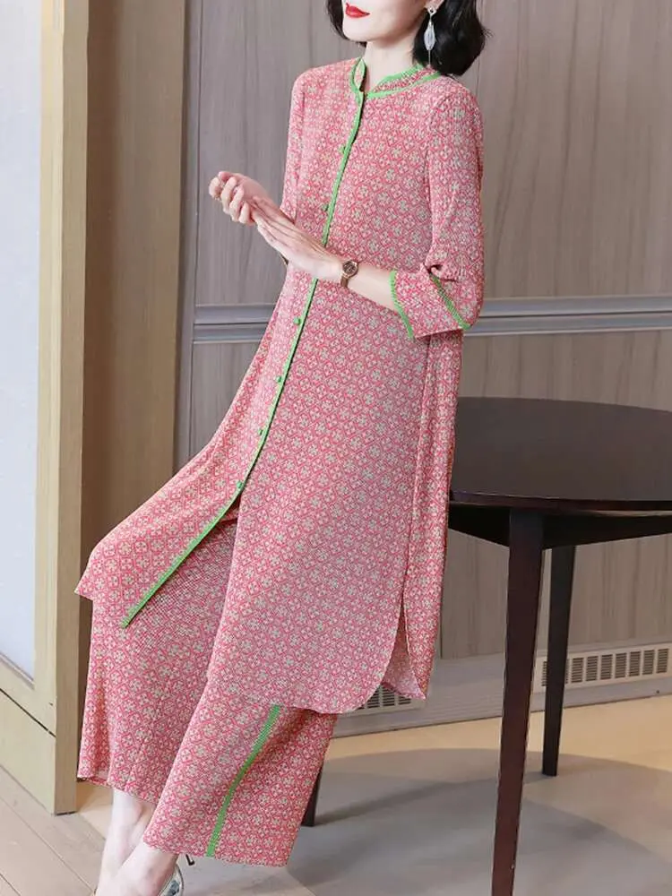 LANMREM Women's Printed Pleated Sets Stand Collar Single Breasted Long Tops Loose Trousers Two-piece Set Fashion 2025 New 2DE599