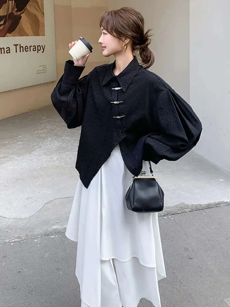 LANMREM Elegant Irregular Shirt Half-body Skirt Two Piece Set New Lapel Long Sleeve Metal Buckle Fashion Sets 2025 Spring 2DE134