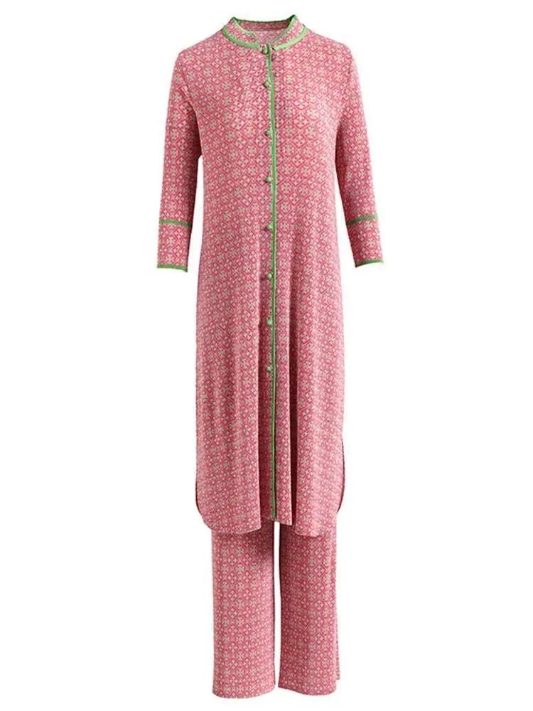 LANMREM Women's Printed Pleated Sets Stand Collar Single Breasted Long Tops Loose Trousers Two-piece Set Fashion 2025 New 2DE599