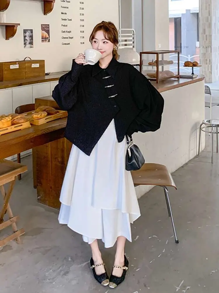 LANMREM Elegant Irregular Shirt Half-body Skirt Two Piece Set New Lapel Long Sleeve Metal Buckle Fashion Sets 2025 Spring 2DE134