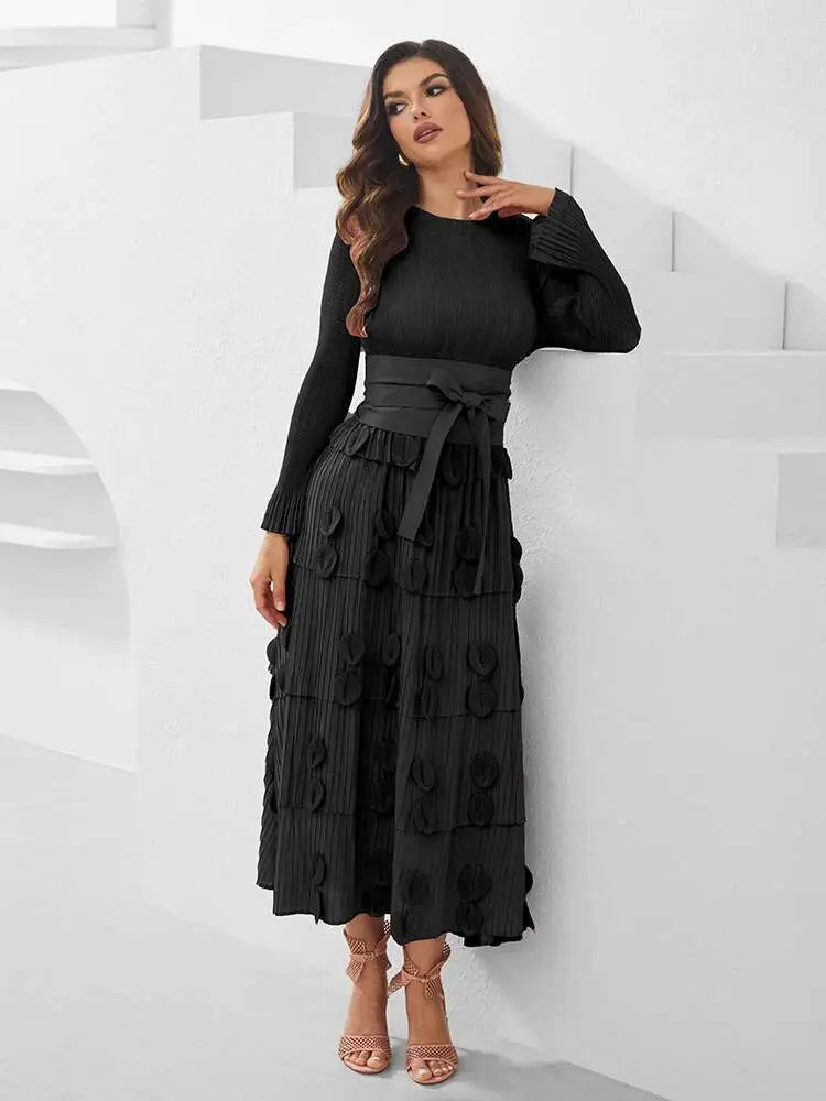 LANMREM 2025 New Multi Layer Splic Pleated Dress Women O-neck Elstic Bandage Design Patch Flower Long Dresses With Belt 2DB2465