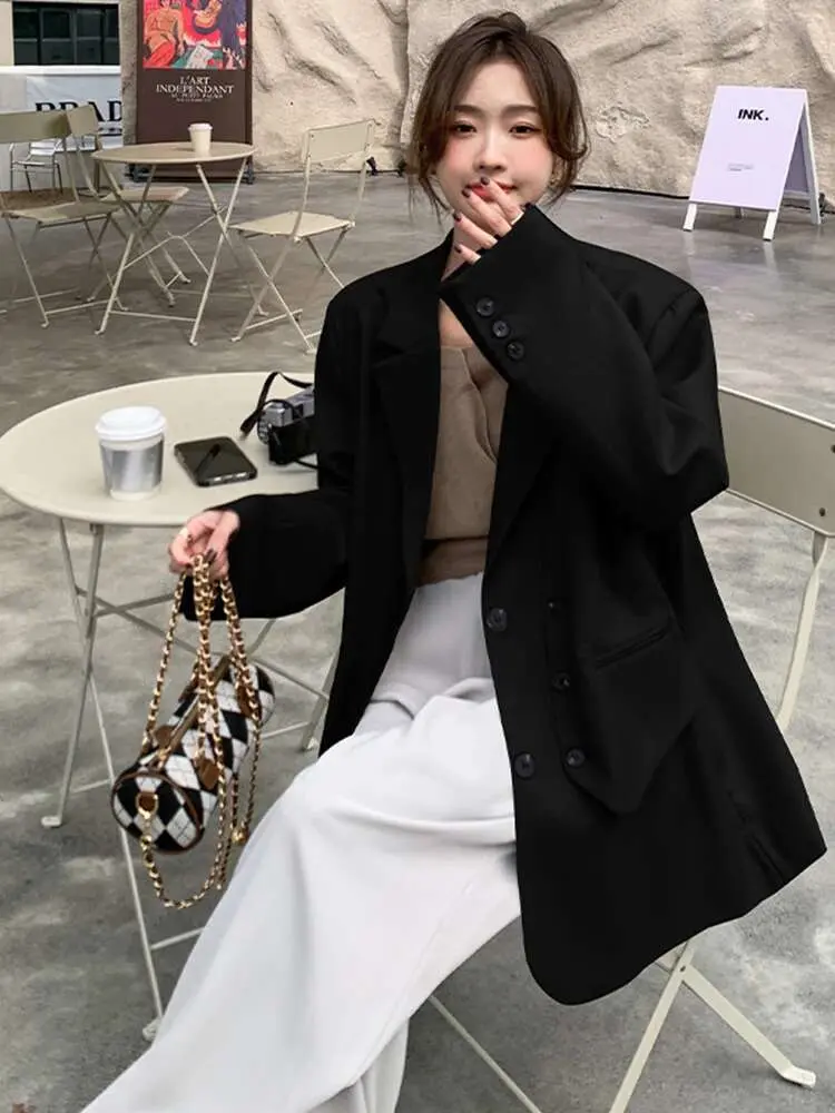 LANMREM Double Breasted Blazer For Women Long Sleeves Solid Color Patchwork Irregular Coats Fashion 2025 Female Clothing 2Z1225