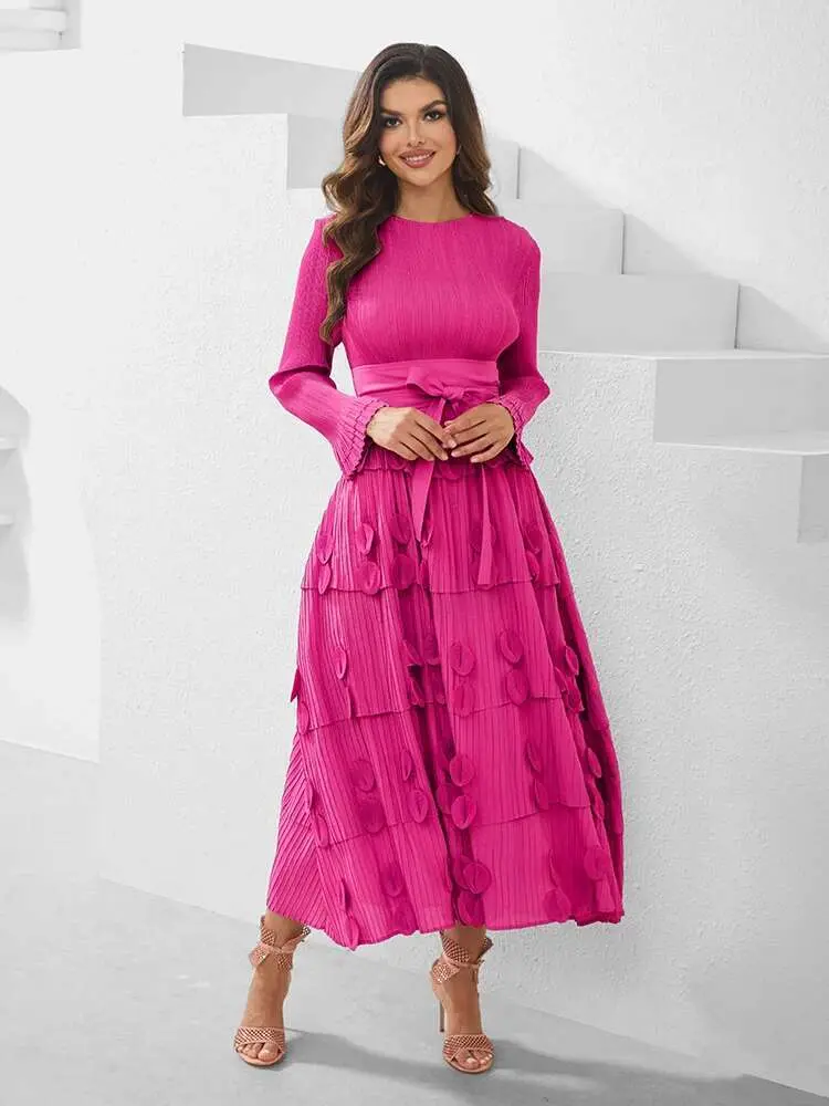 LANMREM 2025 New Multi Layer Splic Pleated Dress Women O-neck Elstic Bandage Design Patch Flower Long Dresses With Belt 2DB2465