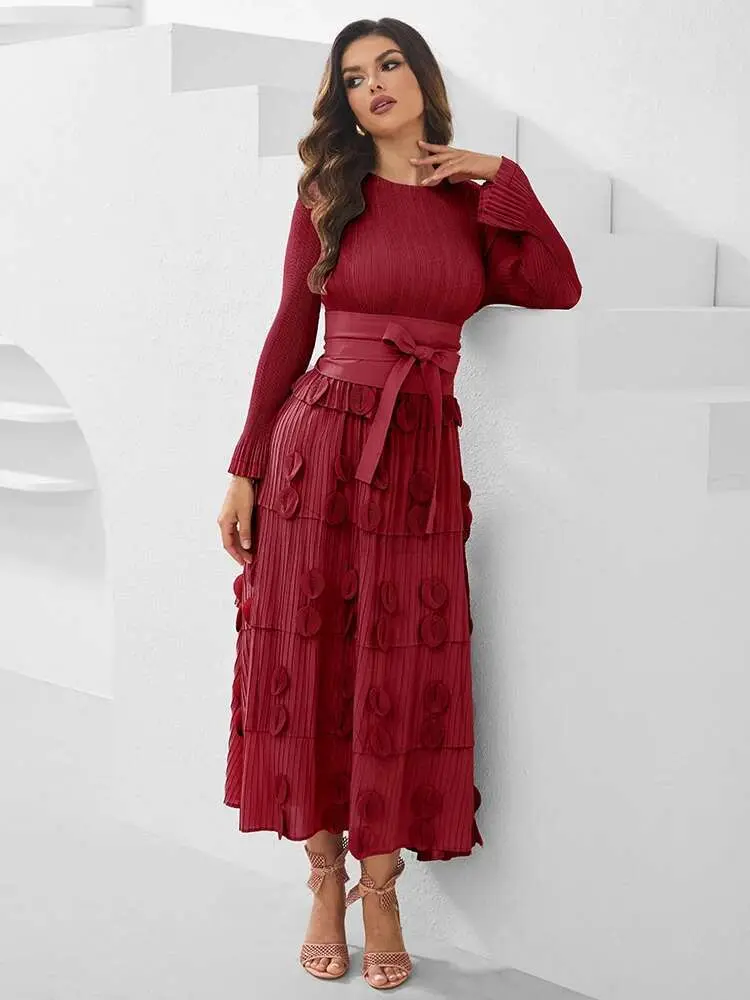 LANMREM 2025 New Multi Layer Splic Pleated Dress Women O-neck Elstic Bandage Design Patch Flower Long Dresses With Belt 2DB2465