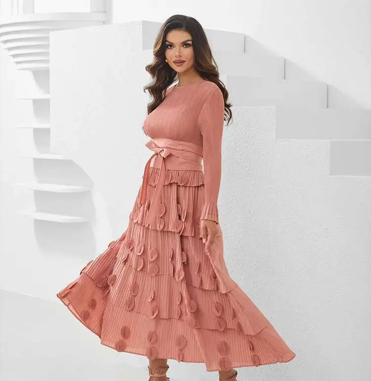 LANMREM 2025 New Multi Layer Splic Pleated Dress Women O-neck Elstic Bandage Design Patch Flower Long Dresses With Belt 2DB2465
