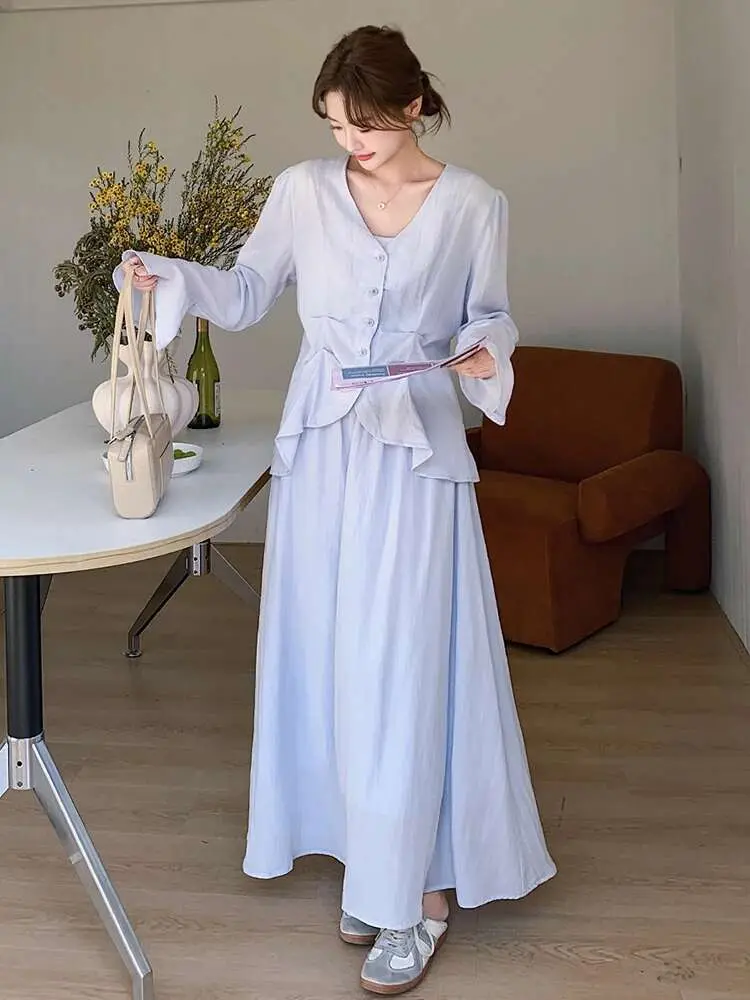 LANMREM French Waist Blouse Skirt Two-piece Set V-neck Single Breasted Flared Sleeve Pleated Women Elegance Spring 2025 2DE132