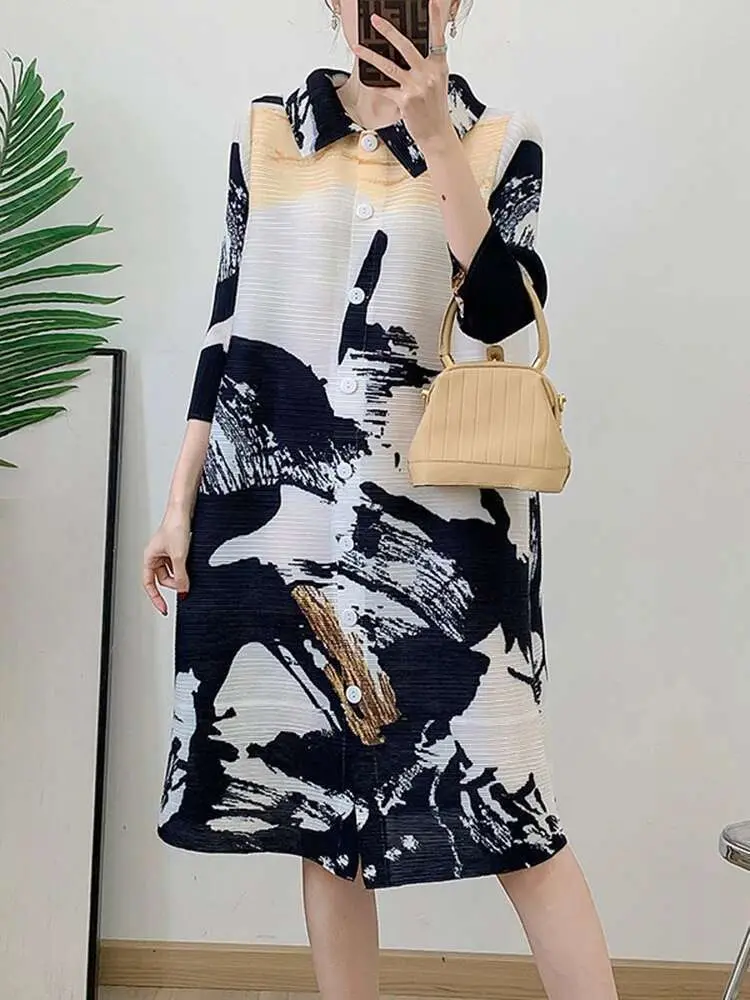 LANMREM Pleated Dress For Women Lapel Single Breasted Printing Loose Stretch Dresses Ladies Casual Clothing 2025 New 2DB2433