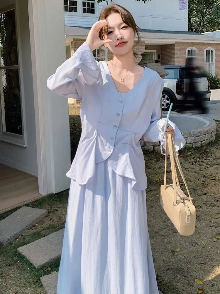 LANMREM French Waist Blouse Skirt Two-piece Set V-neck Single Breasted Flared Sleeve Pleated Women Elegance Spring 2025 2DE132