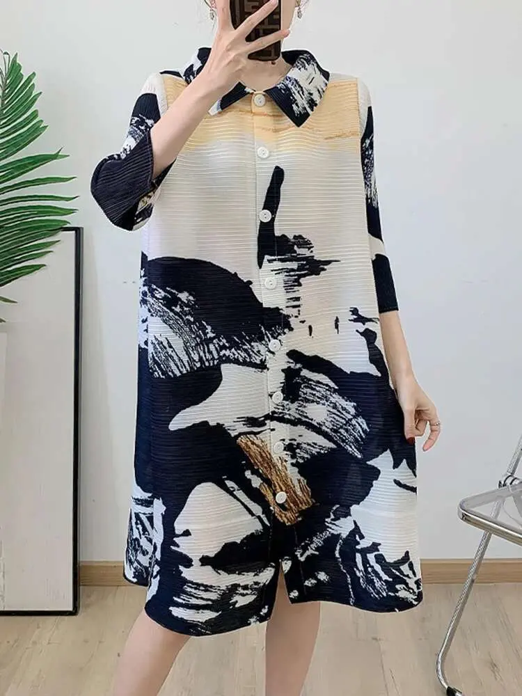 LANMREM Pleated Dress For Women Lapel Single Breasted Printing Loose Stretch Dresses Ladies Casual Clothing 2025 New 2DB2433