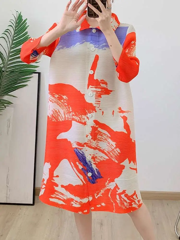 LANMREM Pleated Dress For Women Lapel Single Breasted Printing Loose Stretch Dresses Ladies Casual Clothing 2025 New 2DB2433