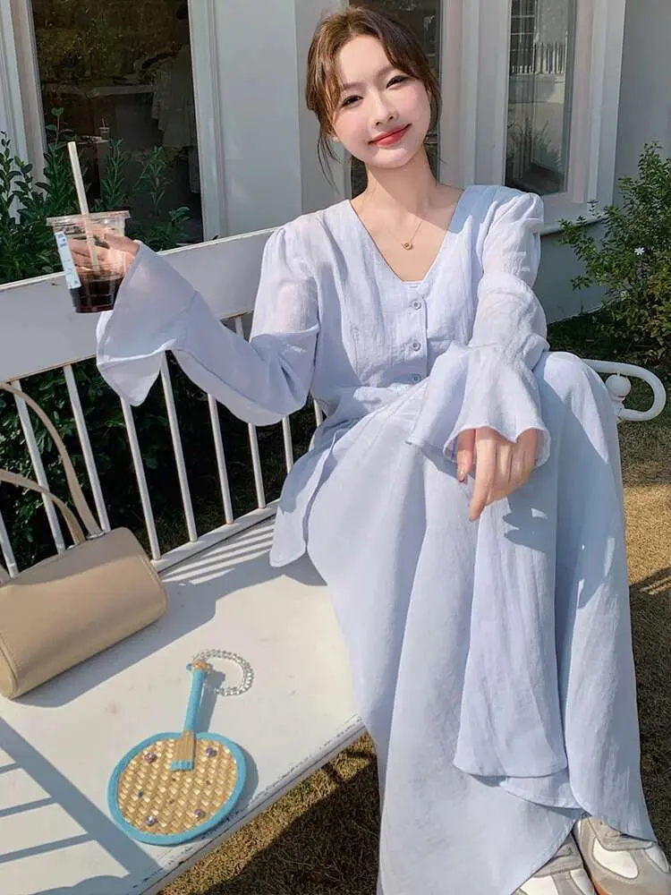 LANMREM French Waist Blouse Skirt Two-piece Set V-neck Single Breasted Flared Sleeve Pleated Women Elegance Spring 2025 2DE132
