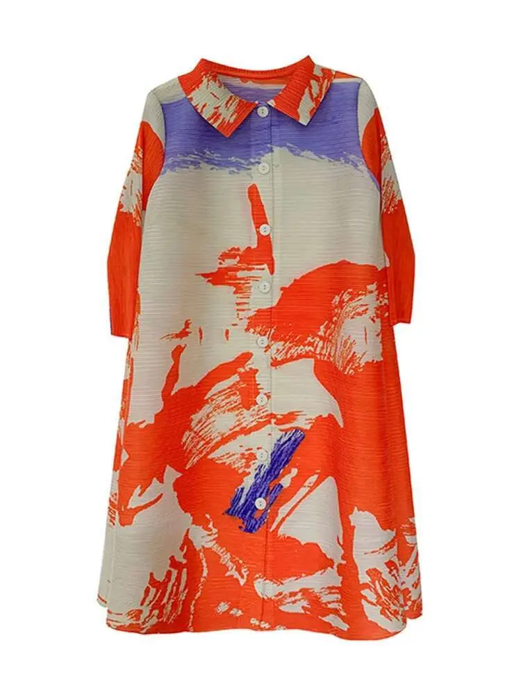 LANMREM Pleated Dress For Women Lapel Single Breasted Printing Loose Stretch Dresses Ladies Casual Clothing 2025 New 2DB2433