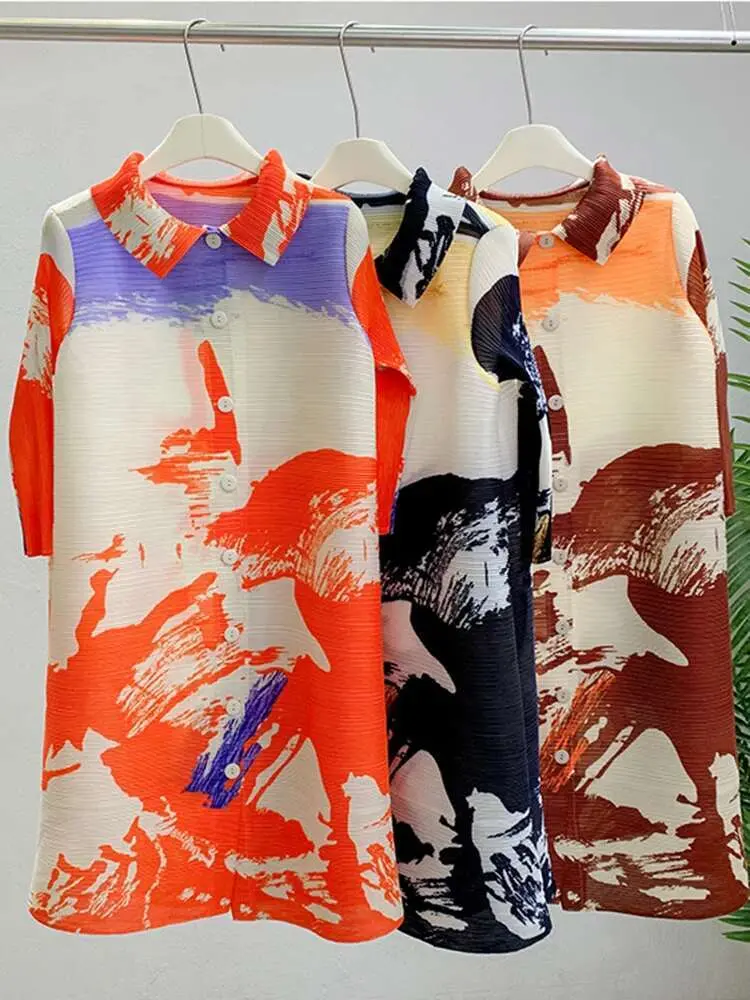 LANMREM Pleated Dress For Women Lapel Single Breasted Printing Loose Stretch Dresses Ladies Casual Clothing 2025 New 2DB2433