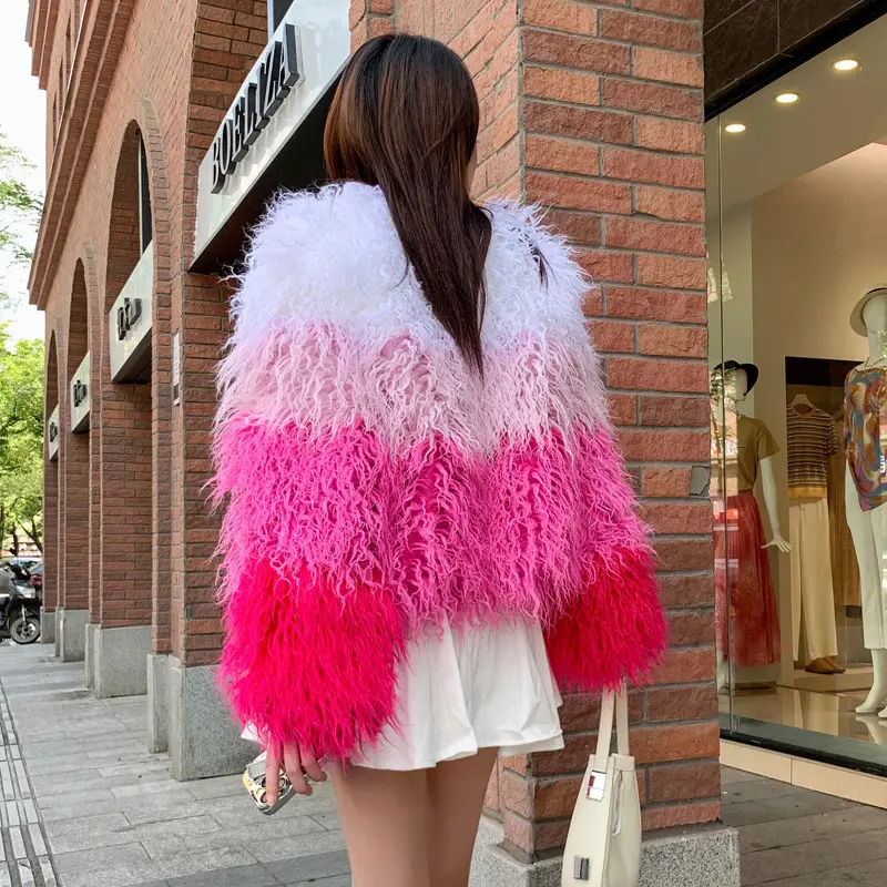 LANMREM women's Faux fur Coat White chic Pink Rose Red Color Block Winter faux Lamb Wool jackets 2DB3940