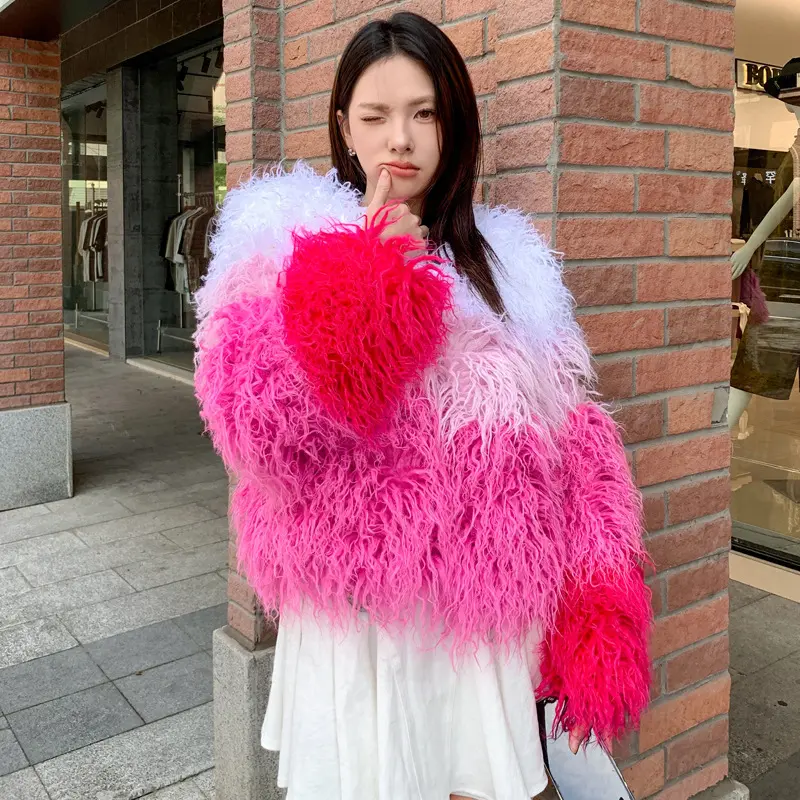 LANMREM women's Faux fur Coat White chic Pink Rose Red Color Block Winter faux Lamb Wool jackets 2DB3940