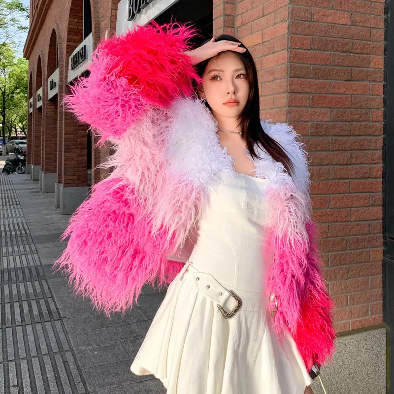 LANMREM women's Faux fur Coat White chic Pink Rose Red Color Block Winter faux Lamb Wool jackets 2DB3940