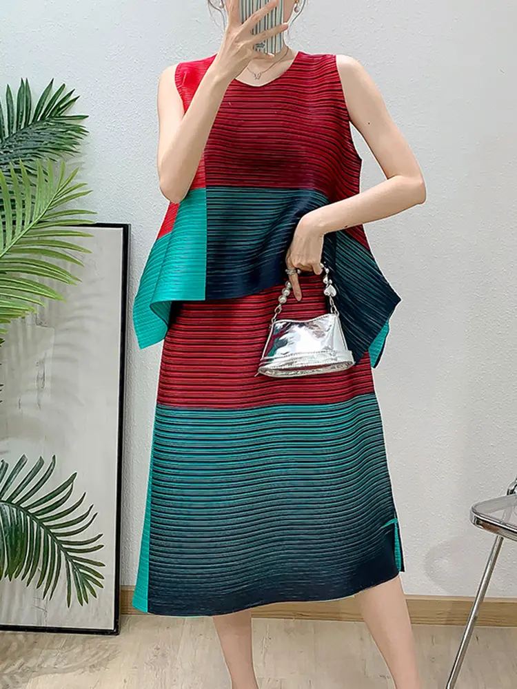 LANMREM Colorblock Spliced Design Pleated Women's Two Pieces Set Sleeveless Printed T-shirt + Loose Elastic Waist Skirt 2DB3288