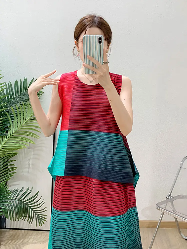LANMREM Colorblock Spliced Design Pleated Women's Two Pieces Set Sleeveless Printed T-shirt + Loose Elastic Waist Skirt 2DB3288
