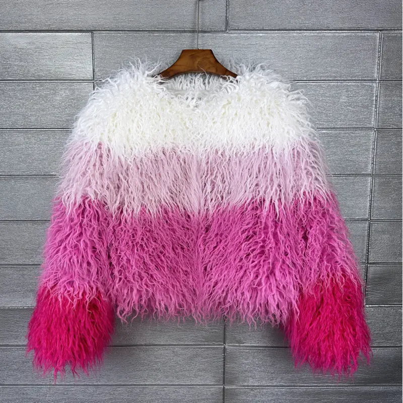 LANMREM women's Faux fur Coat White chic Pink Rose Red Color Block Winter faux Lamb Wool jackets 2DB3940
