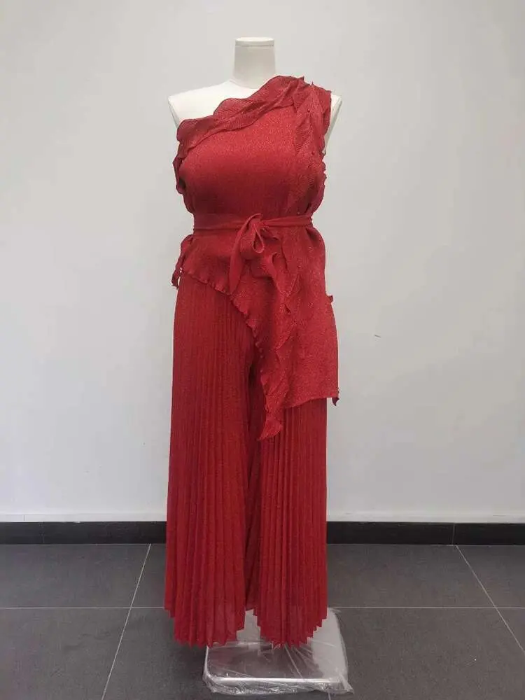 LANMREM Irregular Pleated 2 Pieces Set Women's Off Shoulder Bandage Shirts With Wide Leg Long Trousers 2025 Summer 2DB2686F
