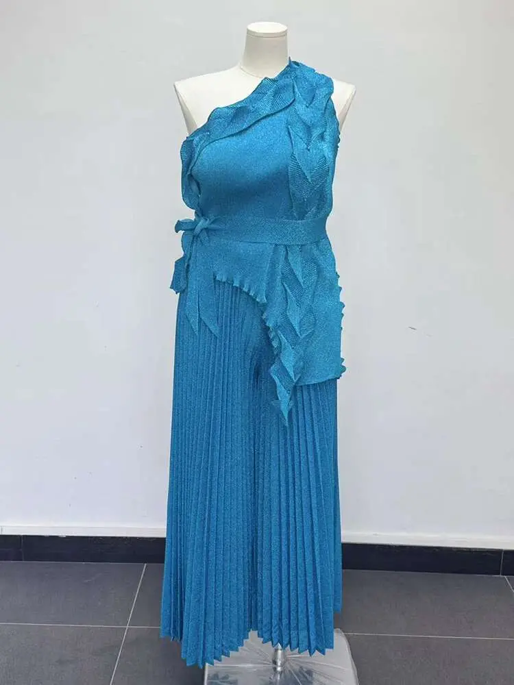 LANMREM Irregular Pleated 2 Pieces Set Women's Off Shoulder Bandage Shirts With Wide Leg Long Trousers 2025 Summer 2DB2686F