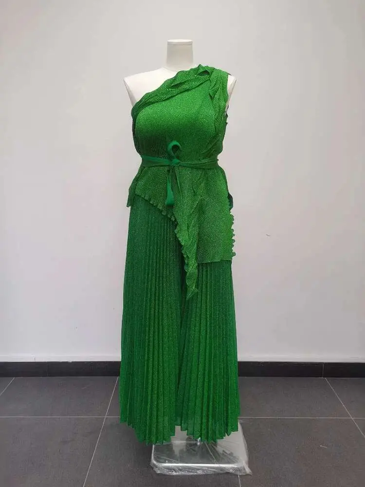 LANMREM Irregular Pleated 2 Pieces Set Women's Off Shoulder Bandage Shirts With Wide Leg Long Trousers 2025 Summer 2DB2686F