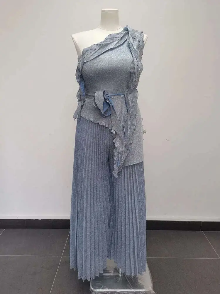 LANMREM Irregular Pleated 2 Pieces Set Women's Off Shoulder Bandage Shirts With Wide Leg Long Trousers 2025 Summer 2DB2686F