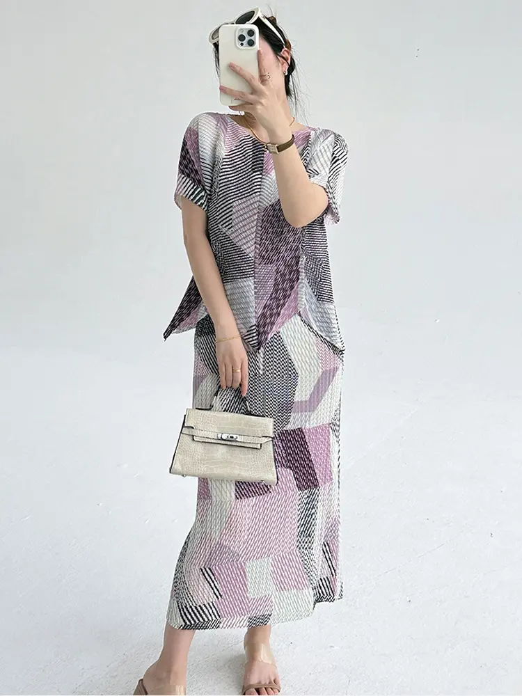 LANMREM 2025 Summer New Irregular Geometry Printed Fashion Pleated Set Short Sleeve Top And Half Skirt Two Piece Sets 2DB3254