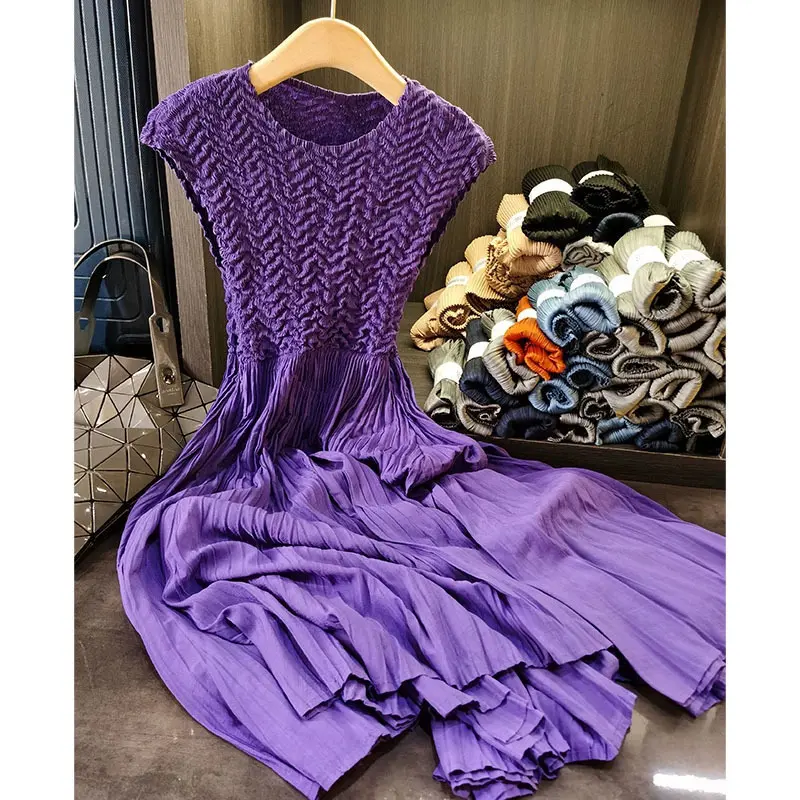 LANMREM Irregular Pleated Slim Elastic High Waist Women's Dress 2025 New O-neck Sleeveless Temperament A-line Dresses 2DB3330
