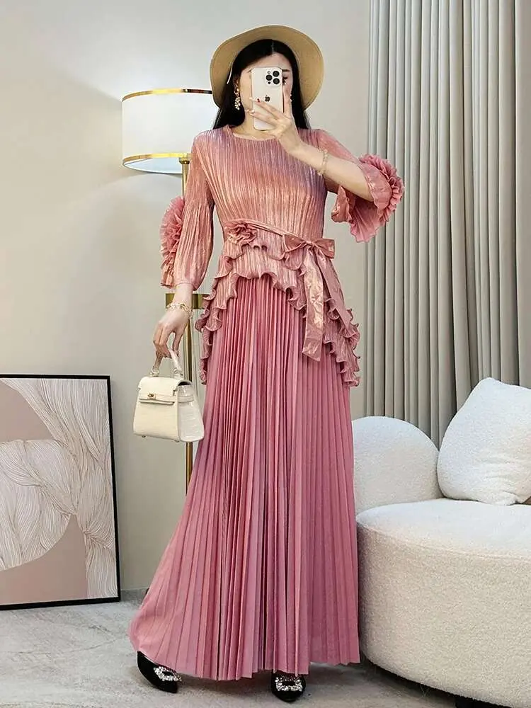 LANMREM Elegant Hot Stamping Pleated Sets Stitching Flower Tops folds Skirt Fashion Two-piece Set Spring Summer 2025 New 2DE456