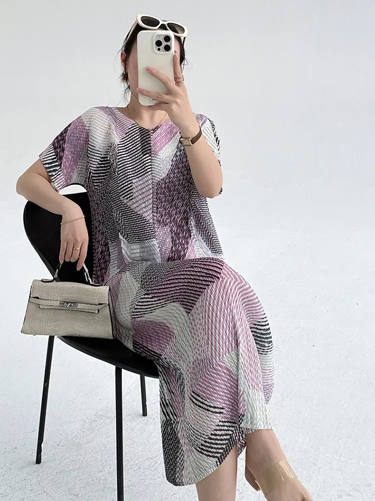 LANMREM 2025 Summer New Irregular Geometry Printed Fashion Pleated Set Short Sleeve Top And Half Skirt Two Piece Sets 2DB3254