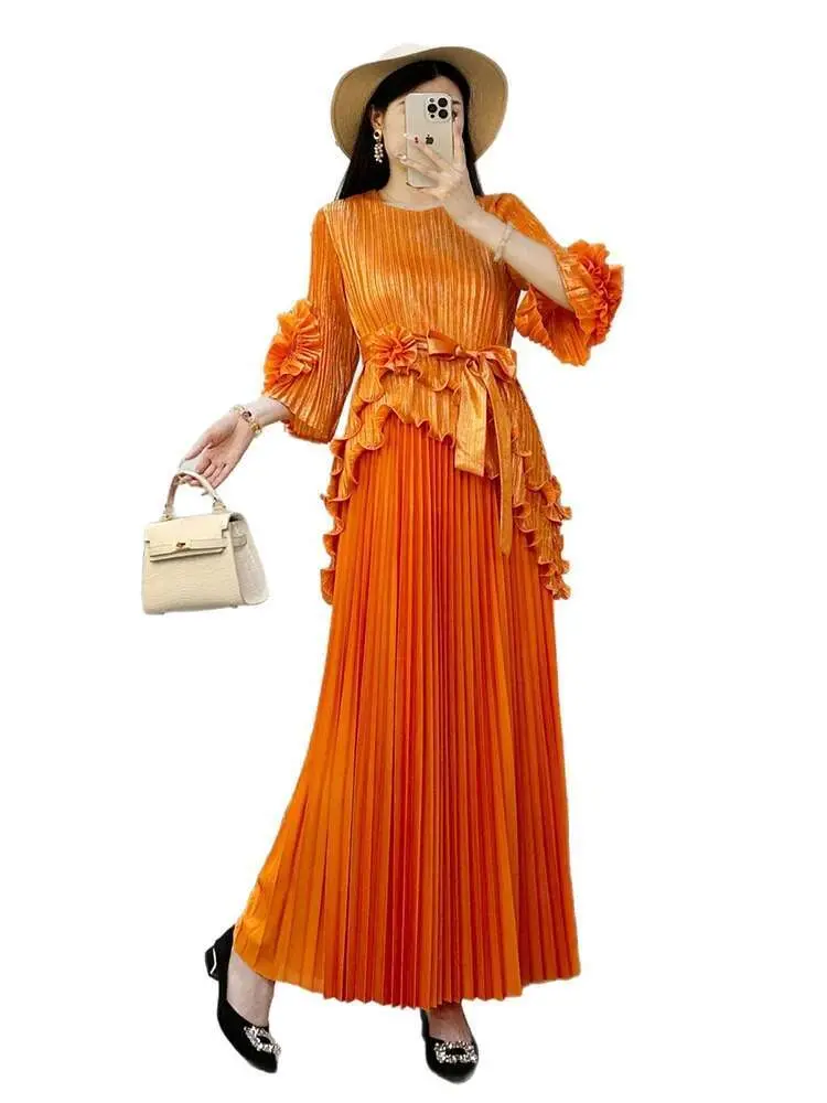 LANMREM Elegant Hot Stamping Pleated Sets Stitching Flower Tops folds Skirt Fashion Two-piece Set Spring Summer 2025 New 2DE456