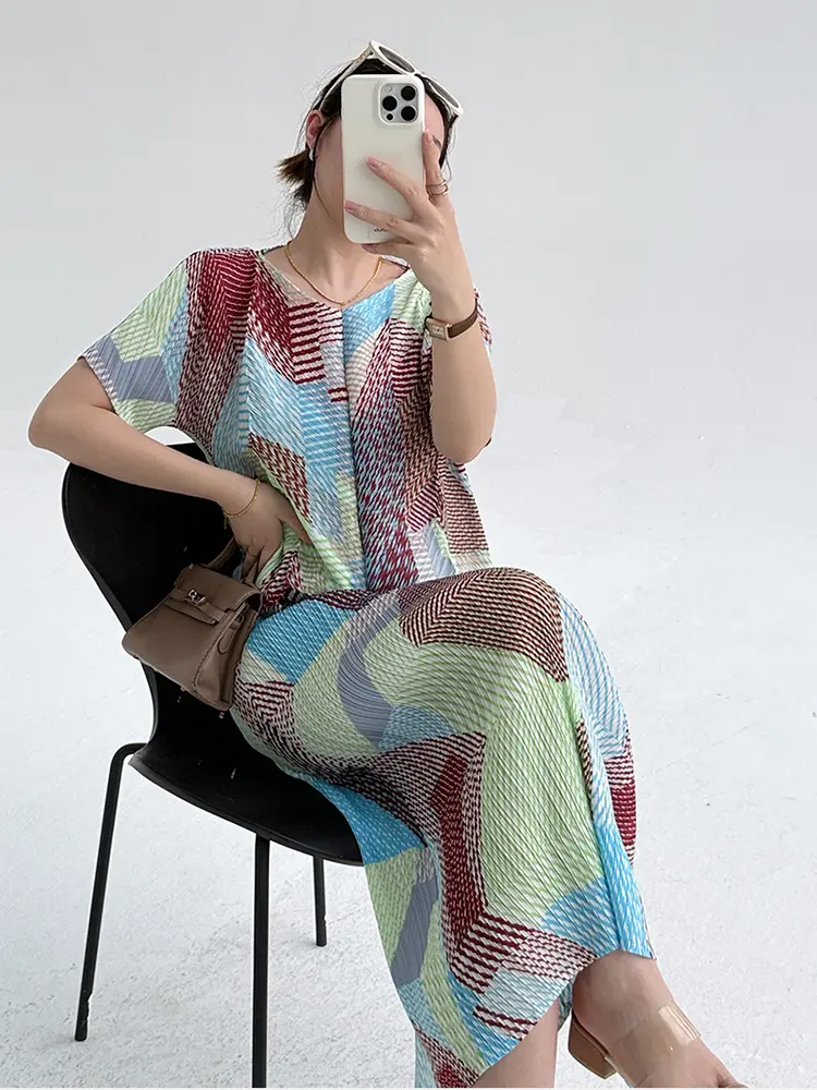 LANMREM 2025 Summer New Irregular Geometry Printed Fashion Pleated Set Short Sleeve Top And Half Skirt Two Piece Sets 2DB3254