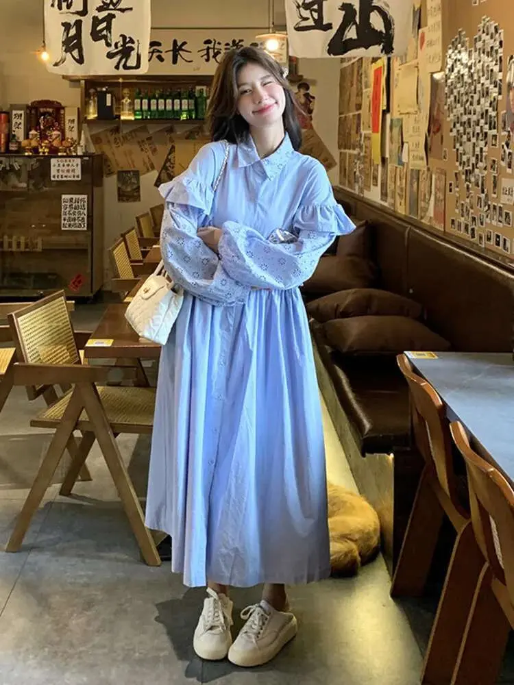 LANMREM Solid Color Casual Women's Dress Lapel Single Breasted Patchwork Ruffled Long Dresses Fashion 2025 Spring New 2DE196
