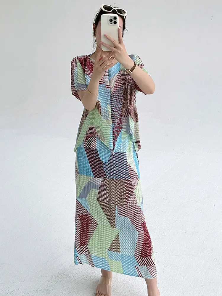 LANMREM 2025 Summer New Irregular Geometry Printed Fashion Pleated Set Short Sleeve Top And Half Skirt Two Piece Sets 2DB3254