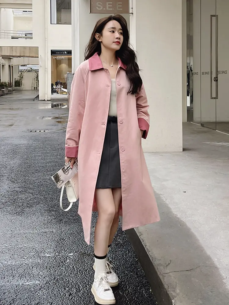 LANMREM Contrasting Color Windbreaker For Women Lapel Long Sleeves Single Breasted Mid Length Trench Coat 2025 Spring 2DA8980