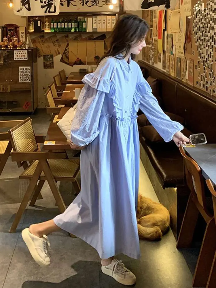 LANMREM Solid Color Casual Women's Dress Lapel Single Breasted Patchwork Ruffled Long Dresses Fashion 2025 Spring New 2DE196