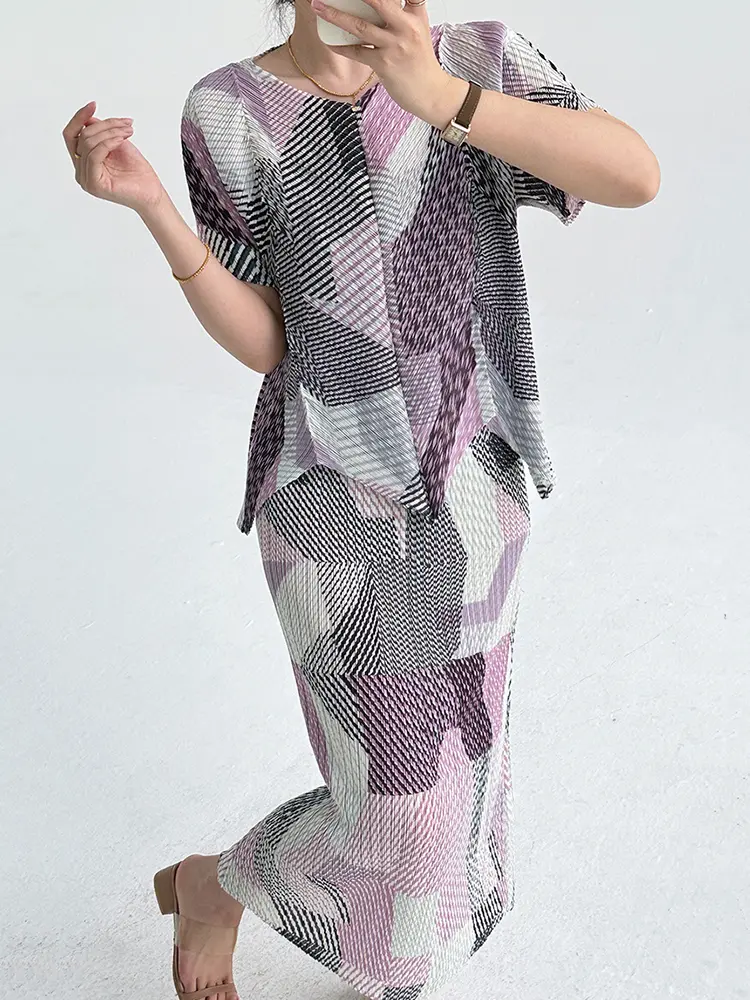 LANMREM 2025 Summer New Irregular Geometry Printed Fashion Pleated Set Short Sleeve Top And Half Skirt Two Piece Sets 2DB3254