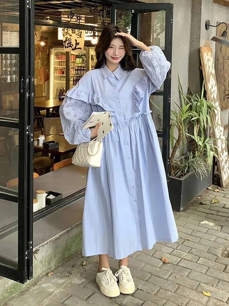 LANMREM Solid Color Casual Women's Dress Lapel Single Breasted Patchwork Ruffled Long Dresses Fashion 2025 Spring New 2DE196