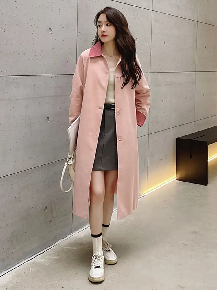 LANMREM Contrasting Color Windbreaker For Women Lapel Long Sleeves Single Breasted Mid Length Trench Coat 2025 Spring 2DA8980