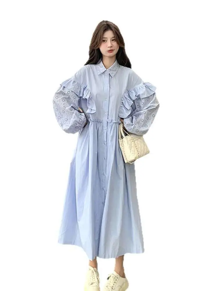 LANMREM Solid Color Casual Women's Dress Lapel Single Breasted Patchwork Ruffled Long Dresses Fashion 2025 Spring New 2DE196