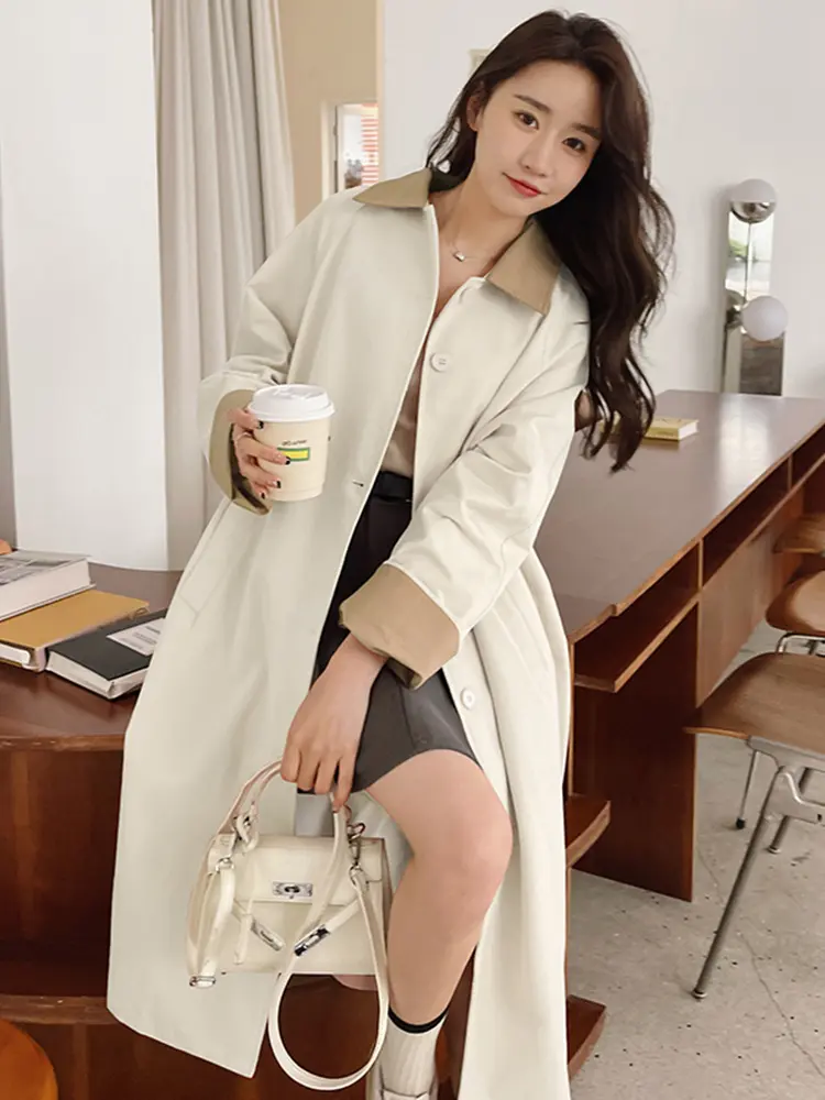 LANMREM Contrasting Color Windbreaker For Women Lapel Long Sleeves Single Breasted Mid Length Trench Coat 2025 Spring 2DA8980